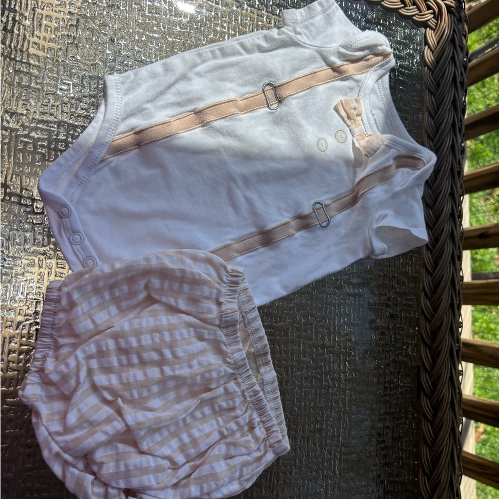 First Impressions White Onesie with Tan Gingham Diaper Cover Set
